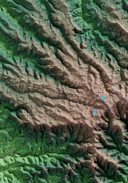 Mapa artístico del relieve de Bellaguarda, a las Garrigues, con 15 km de entorno y base topográfica ICGC. Detalle de la zona central.