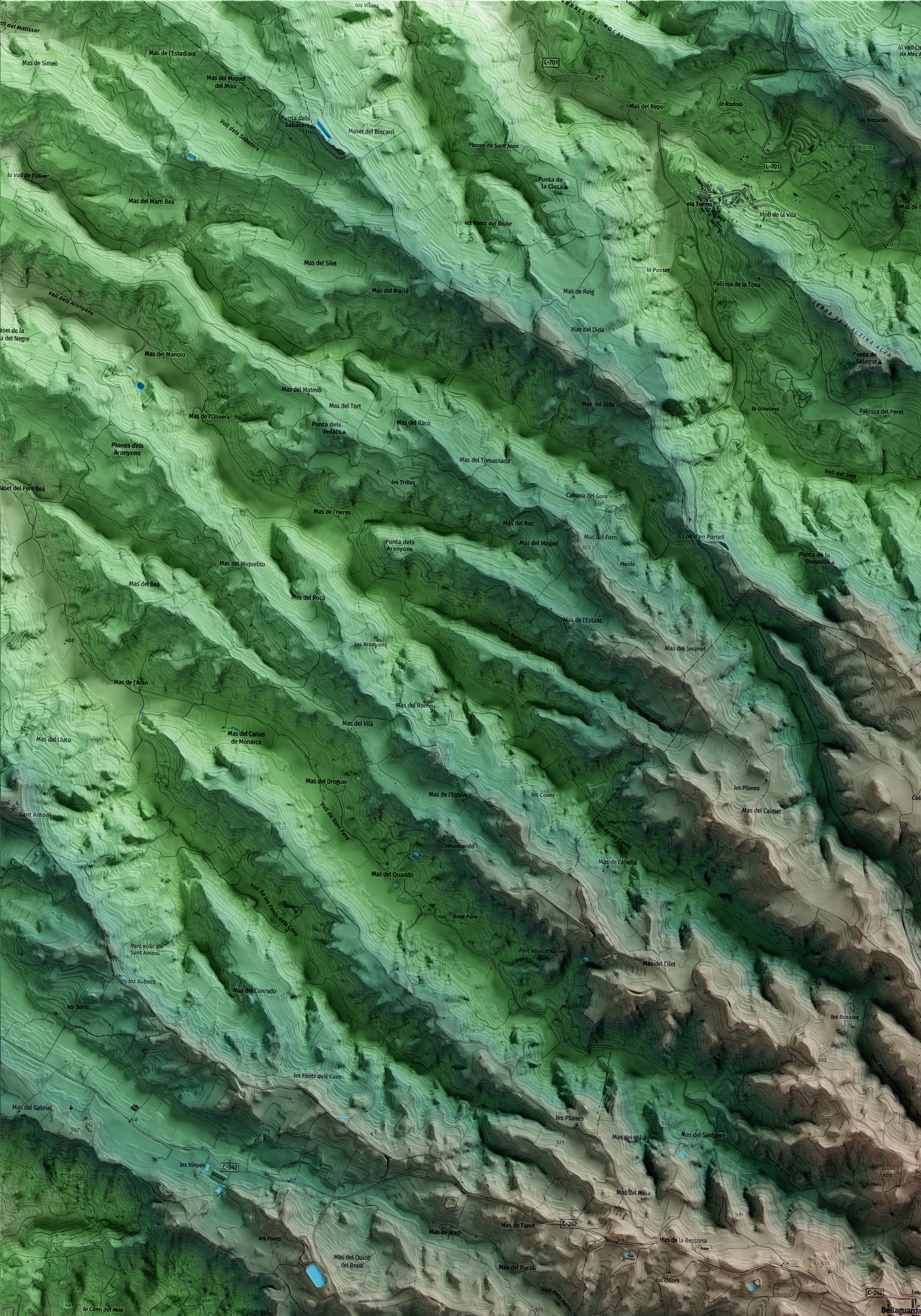 Mapa artístico del relieve de Bellaguarda, a las Garrigues, con 15 km de entorno y base topográfica ICGC. Detalle de la zona superior izquierda.