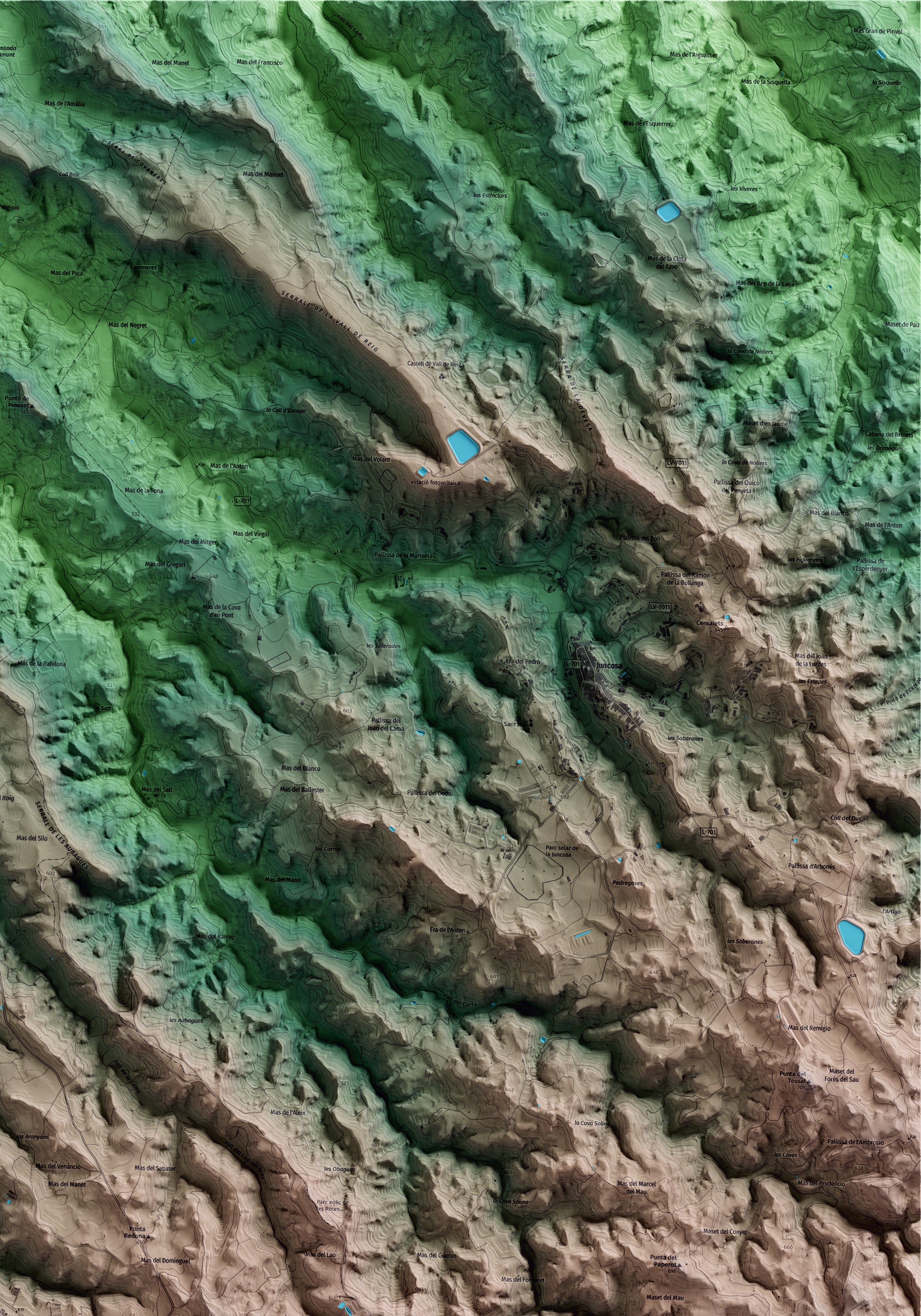 Mapa artístico del relieve de Bellaguarda, a las Garrigues, con 15 km de entorno y base topográfica ICGC. Detalle de la zona superior derecha.