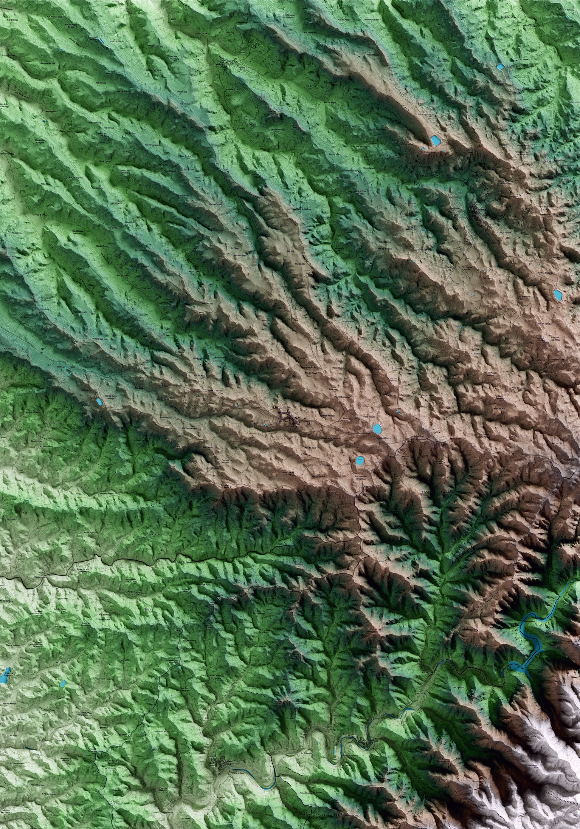 Mapa artístico del relieve de Bellaguarda, a las Garrigues, con 15 km de entorno y base topográfica ICGC
