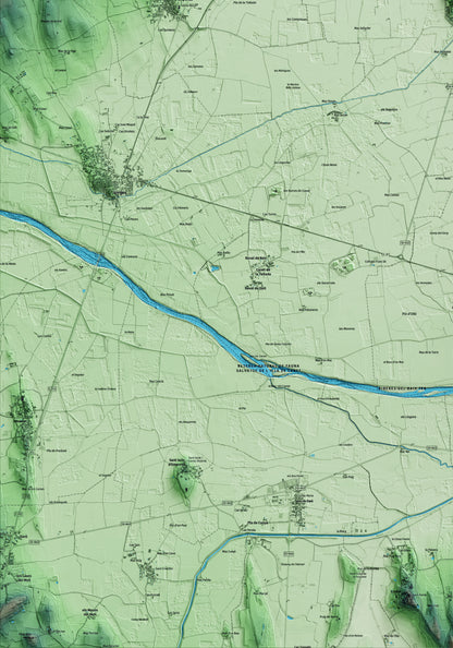 Mapa artístico del relieve de Bellcaire d'Empordà, al Baix Empordà, con 15 km de entorno y base topográfica ICGC. Detalle de la zona inferior izquierda.