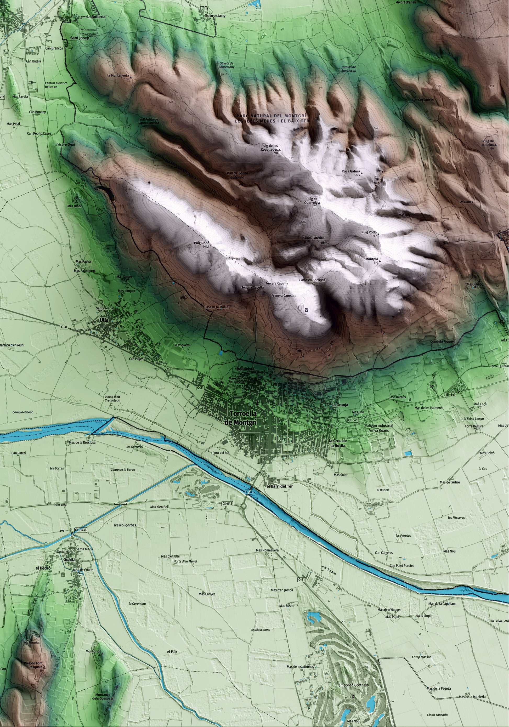 Mapa artístico del relieve de Bellcaire d'Empordà, al Baix Empordà, con 15 km de entorno y base topográfica ICGC. Detalle de la zona inferior derecha.