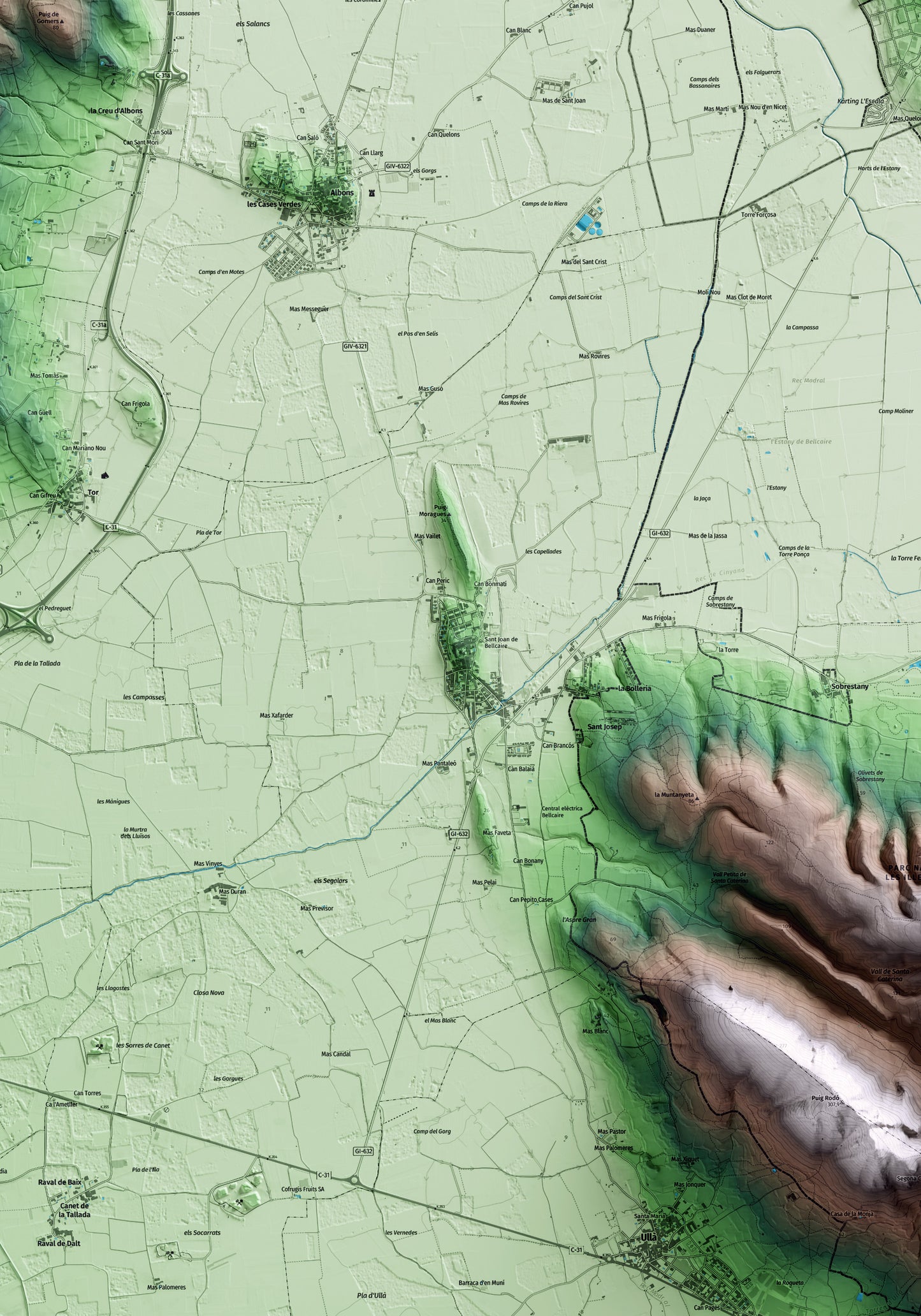 Mapa artístico del relieve de Bellcaire d'Empordà, al Baix Empordà, con 15 km de entorno y base topográfica ICGC. Detalle de la zona central.