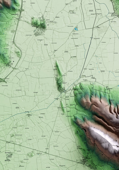 Mapa artístico del relieve de Bellcaire d'Empordà, al Baix Empordà, con 15 km de entorno y base topográfica ICGC. Detalle de la zona central.