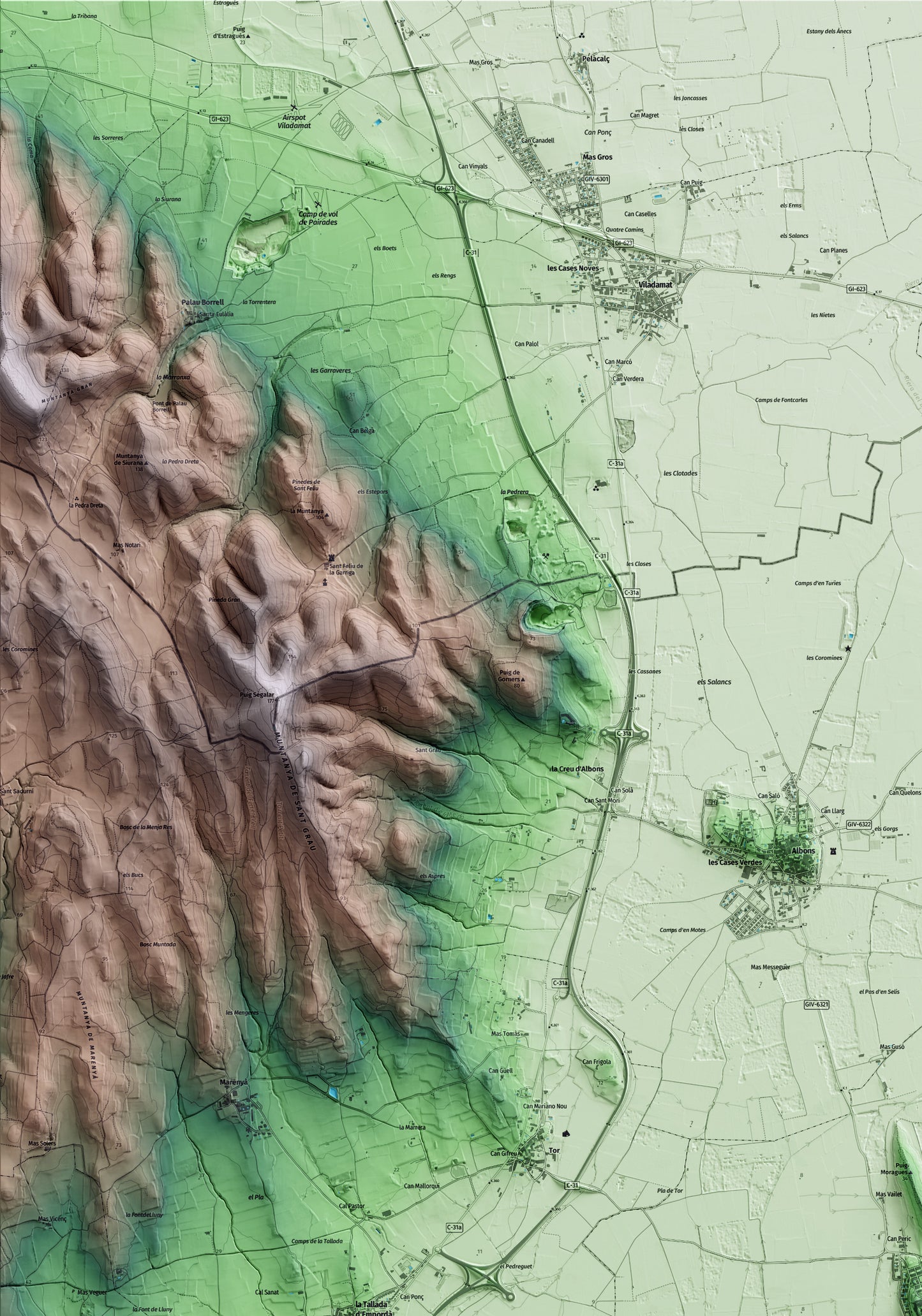 Mapa artístico del relieve de Bellcaire d'Empordà, al Baix Empordà, con 15 km de entorno y base topográfica ICGC. Detalle de la zona superior izquierda.