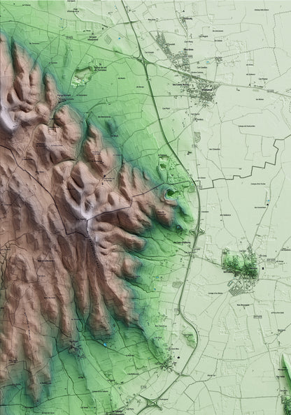 Mapa artístico del relieve de Bellcaire d'Empordà, al Baix Empordà, con 15 km de entorno y base topográfica ICGC. Detalle de la zona superior izquierda.