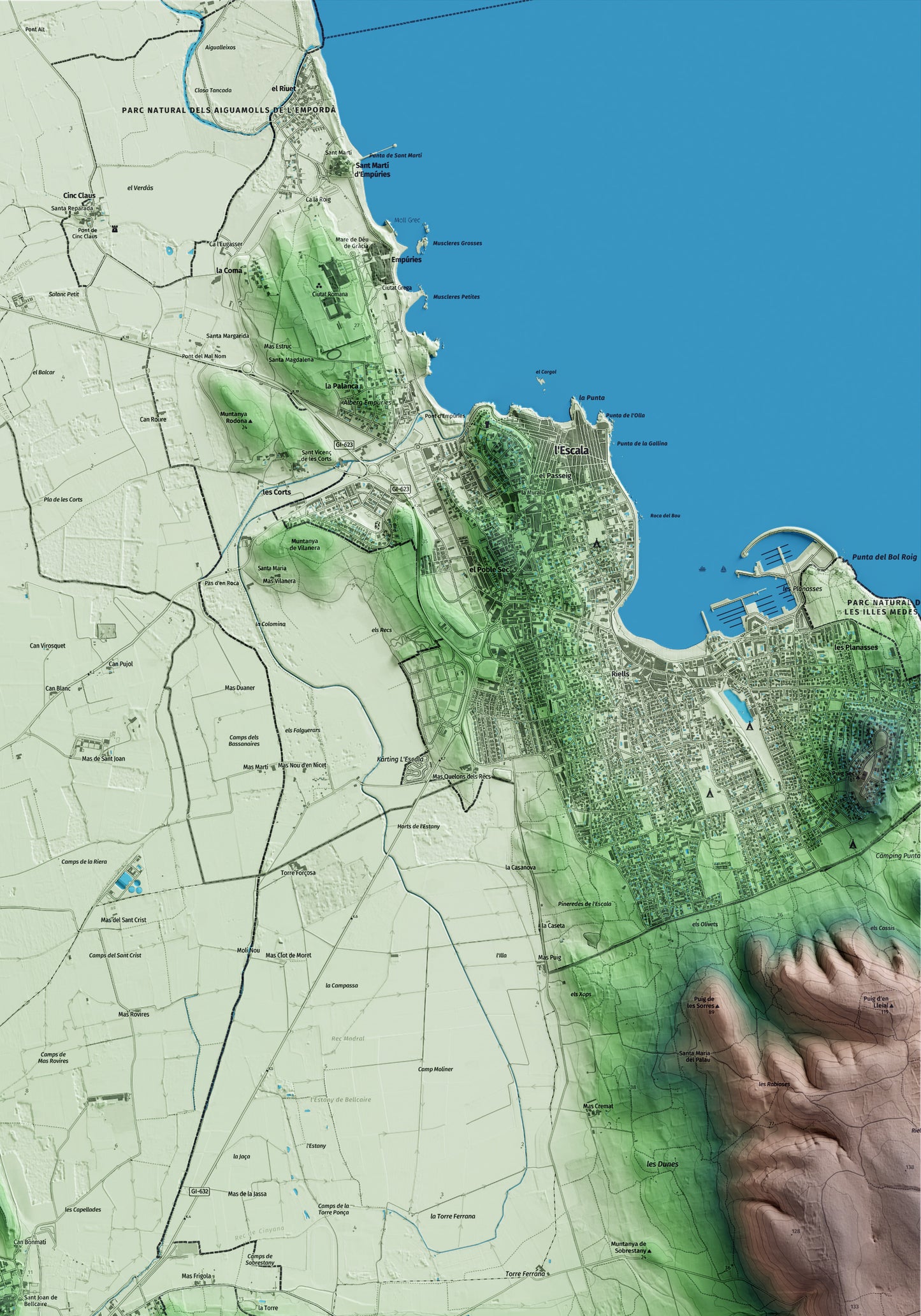 Mapa artístico del relieve de Bellcaire d'Empordà, al Baix Empordà, con 15 km de entorno y base topográfica ICGC. Detalle de la zona superior derecha.