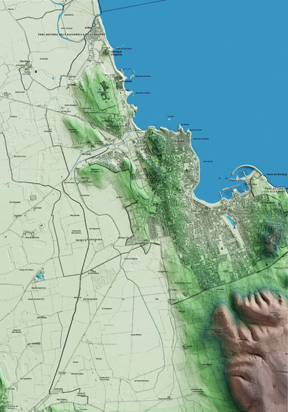 Mapa artístico del relieve de Bellcaire d'Empordà, al Baix Empordà, con 15 km de entorno y base topográfica ICGC. Detalle de la zona superior derecha.