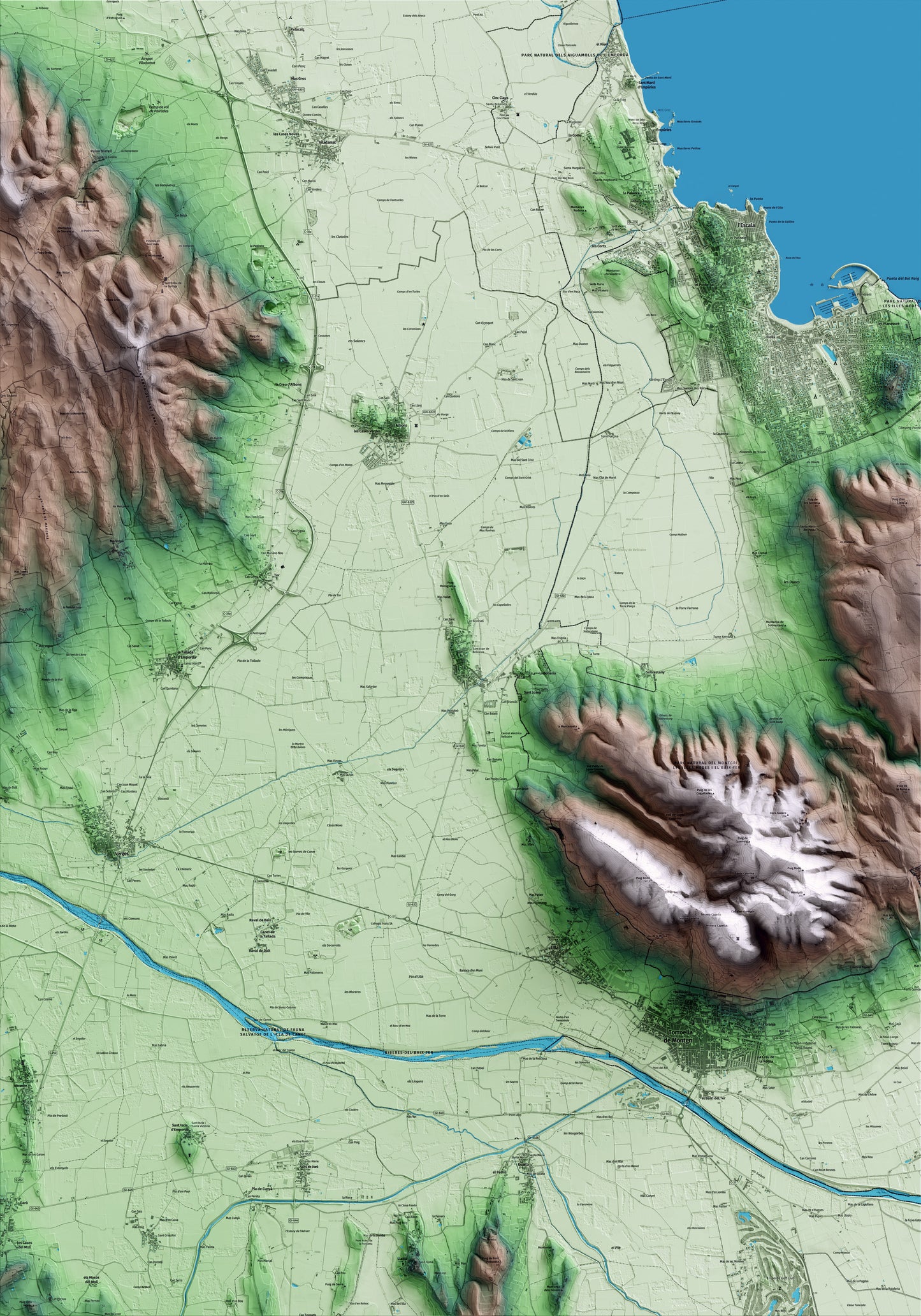 Mapa artístico del relieve de Bellcaire d'Empordà, al Baix Empordà, con 15 km de entorno y base topográfica ICGC