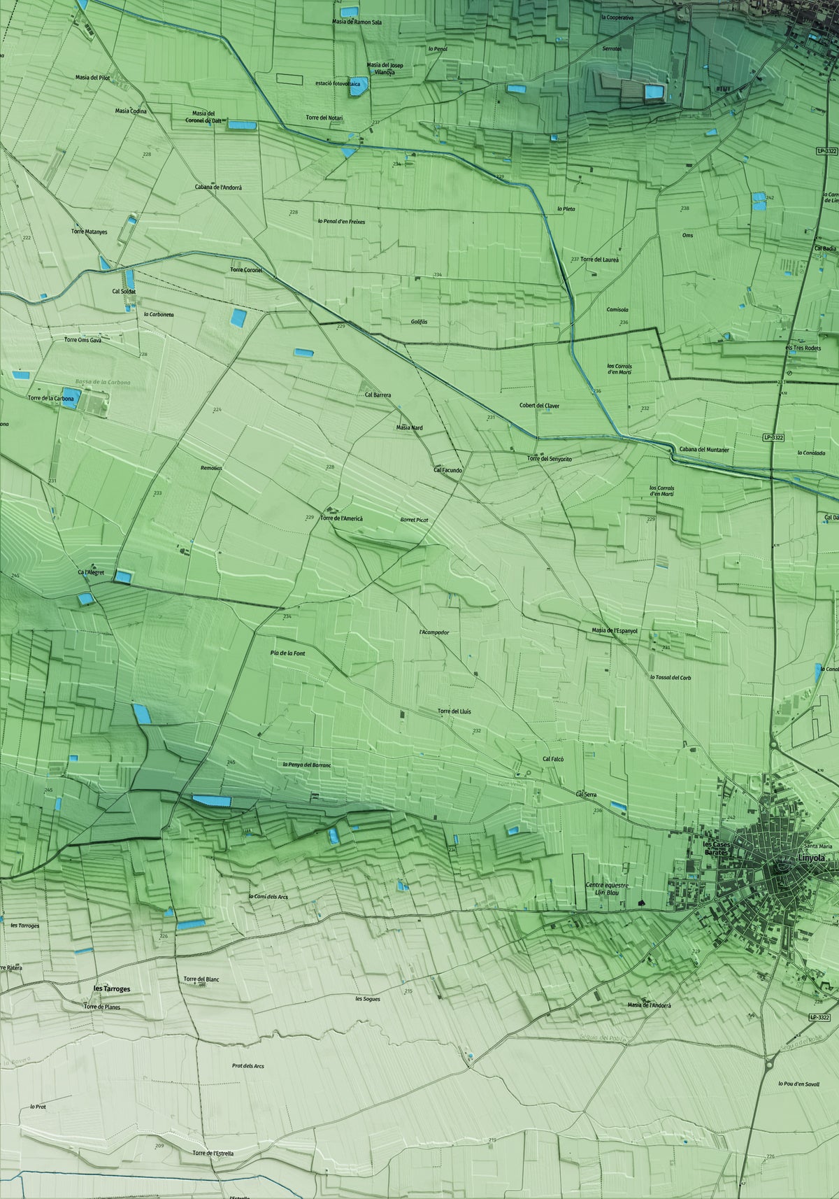 Mapa artístico del relieve de Bellcaire d'Urgell, a la Noguera, con 15 km de entorno y base topográfica ICGC. Detalle de la zona inferior izquierda.