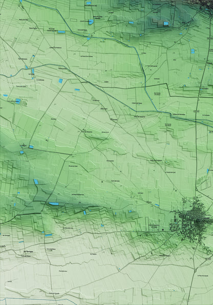 Mapa artístico del relieve de Bellcaire d'Urgell, a la Noguera, con 15 km de entorno y base topográfica ICGC. Detalle de la zona inferior izquierda.