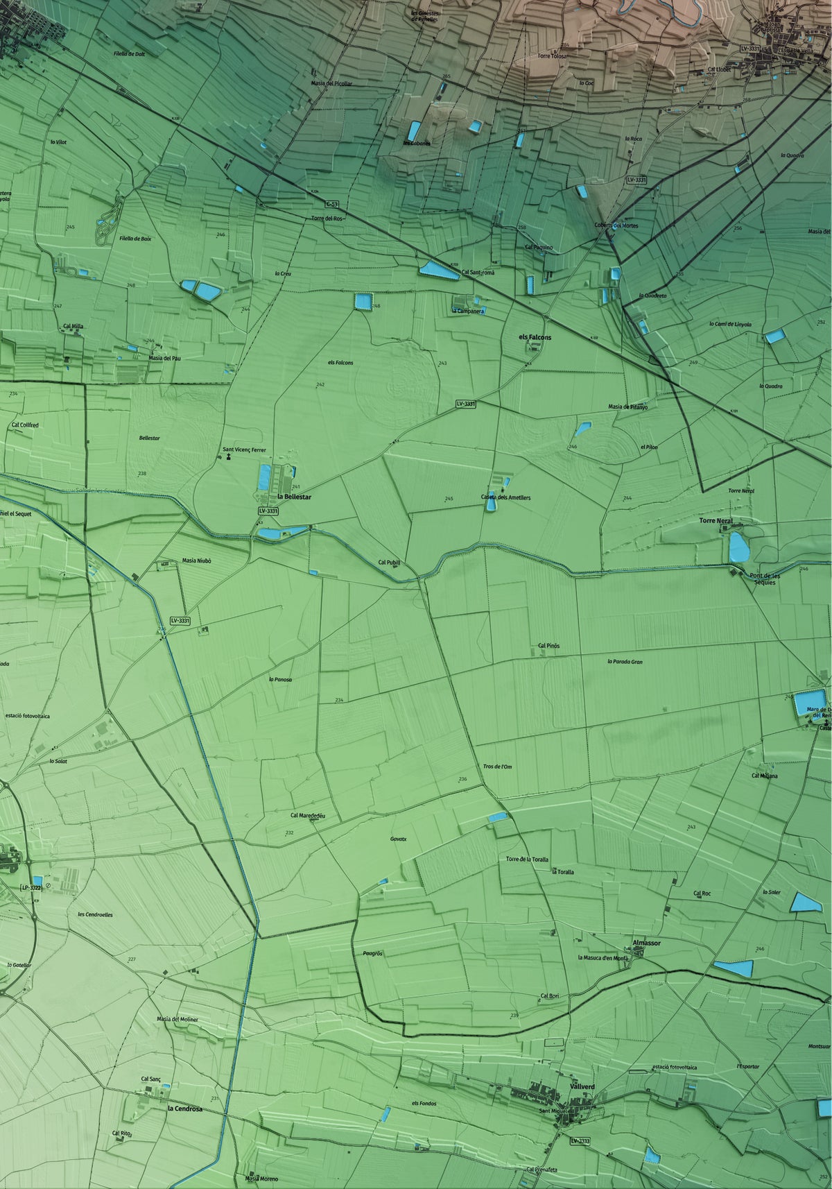 Mapa artístico del relieve de Bellcaire d'Urgell, a la Noguera, con 15 km de entorno y base topográfica ICGC. Detalle de la zona inferior derecha.