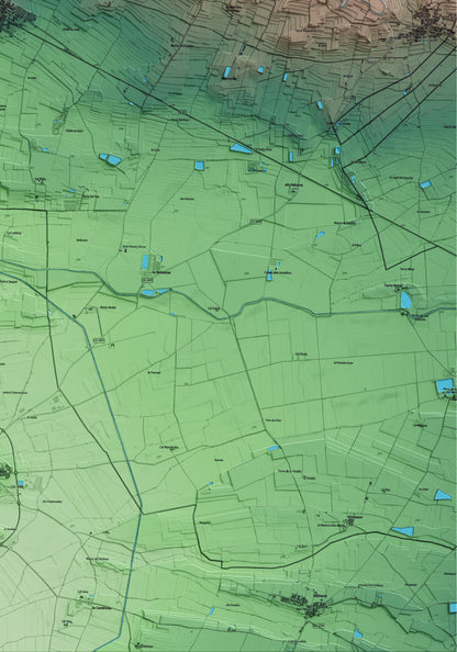 Mapa artístico del relieve de Bellcaire d'Urgell, a la Noguera, con 15 km de entorno y base topográfica ICGC. Detalle de la zona inferior derecha.