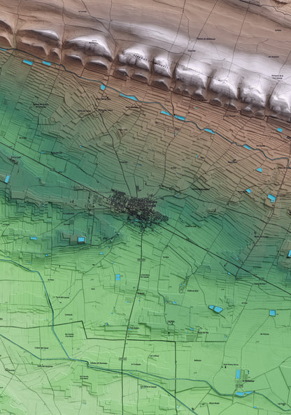 Mapa artístico del relieve de Bellcaire d'Urgell, a la Noguera, con 15 km de entorno y base topográfica ICGC. Detalle de la zona central.