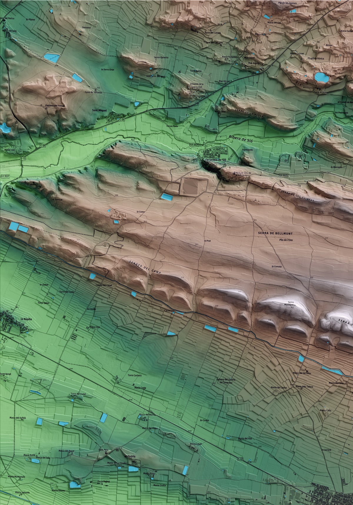 Mapa artístico del relieve de Bellcaire d'Urgell, a la Noguera, con 15 km de entorno y base topográfica ICGC. Detalle de la zona superior izquierda.