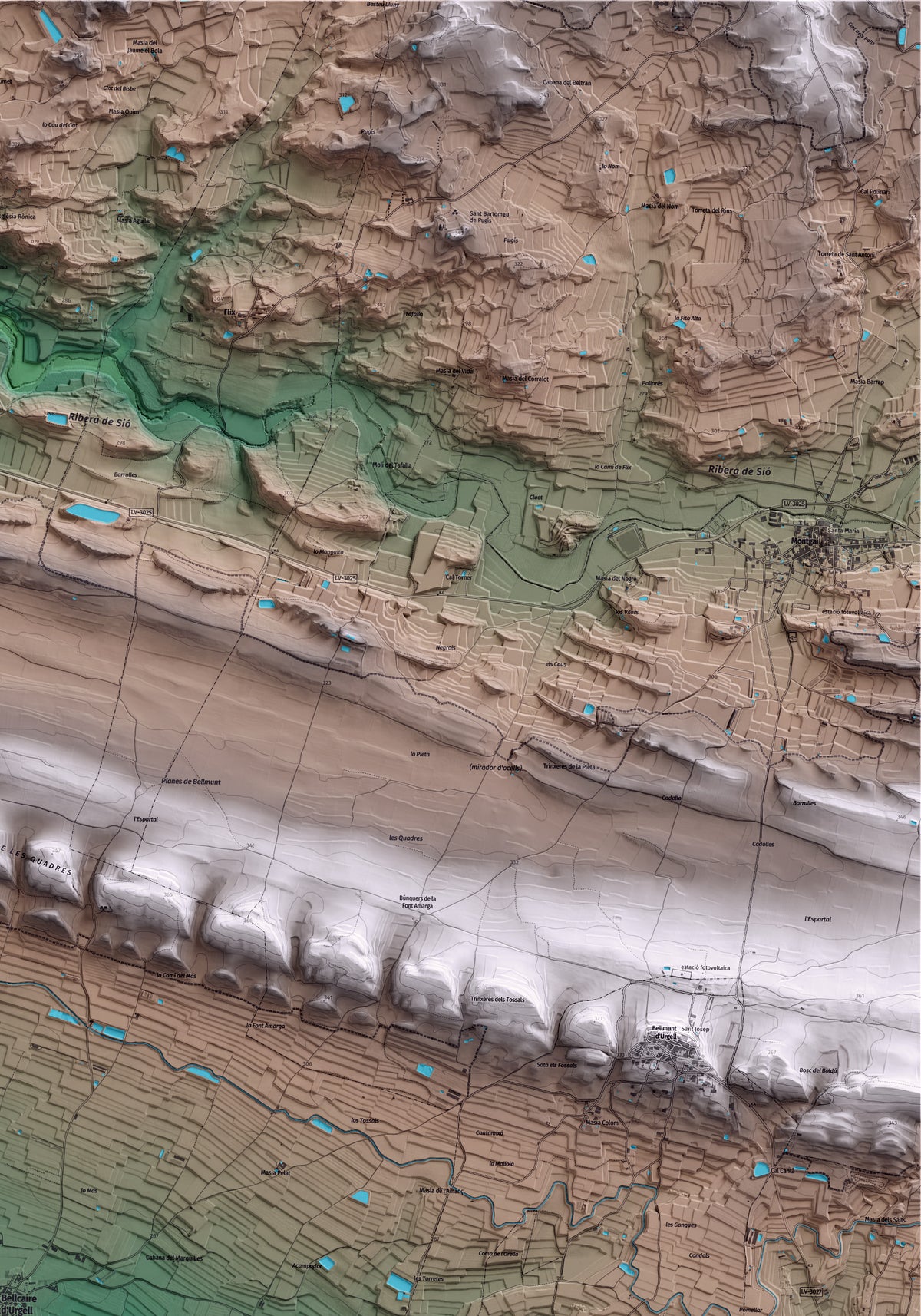 Mapa artístico del relieve de Bellcaire d'Urgell, a la Noguera, con 15 km de entorno y base topográfica ICGC. Detalle de la zona superior derecha.