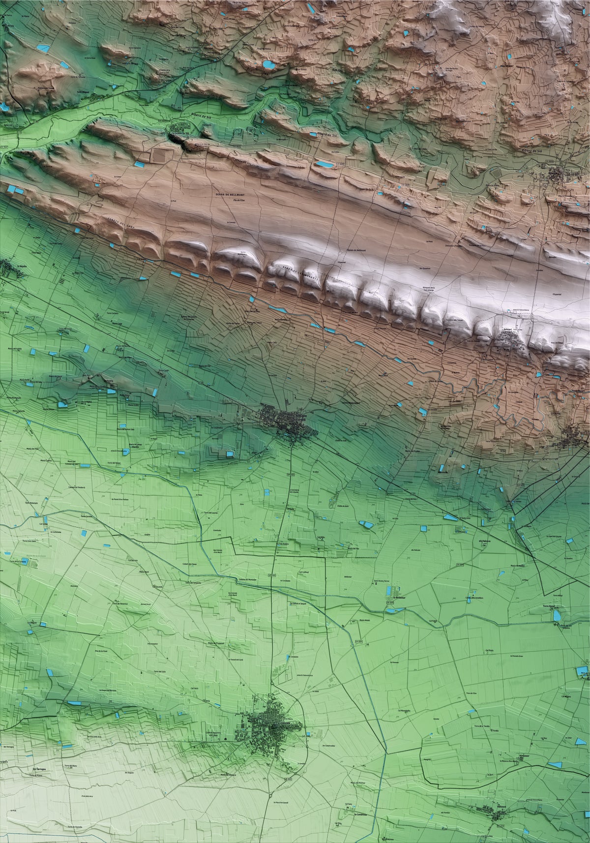 Mapa artístico del relieve de Bellcaire d'Urgell, a la Noguera, con 15 km de entorno y base topográfica ICGC