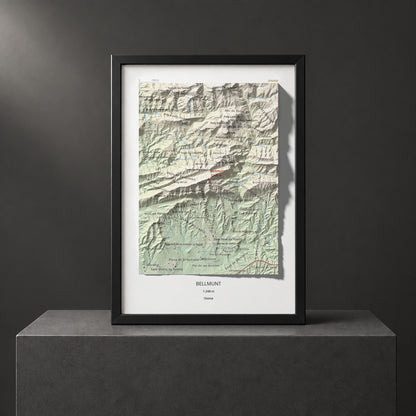 Mapa de relieve de Bellmunt, 1248 m, Osona, lámina 100 Cims de Trobart. Presentación enmarcada. 21 × 30 cm.