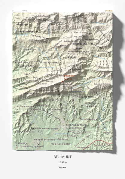 Mapa de relieve de Bellmunt, 1248 m, Osona, lámina 100 Cims de Trobart 21 × 30 cm.
