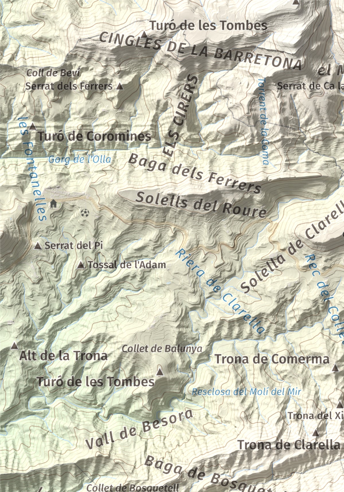 Mapa de relieve de Bellmunt, 1248 m, Osona, lámina 100 Cims de Trobart. Detalle de la zona superior izquierda. 21 × 30 cm.