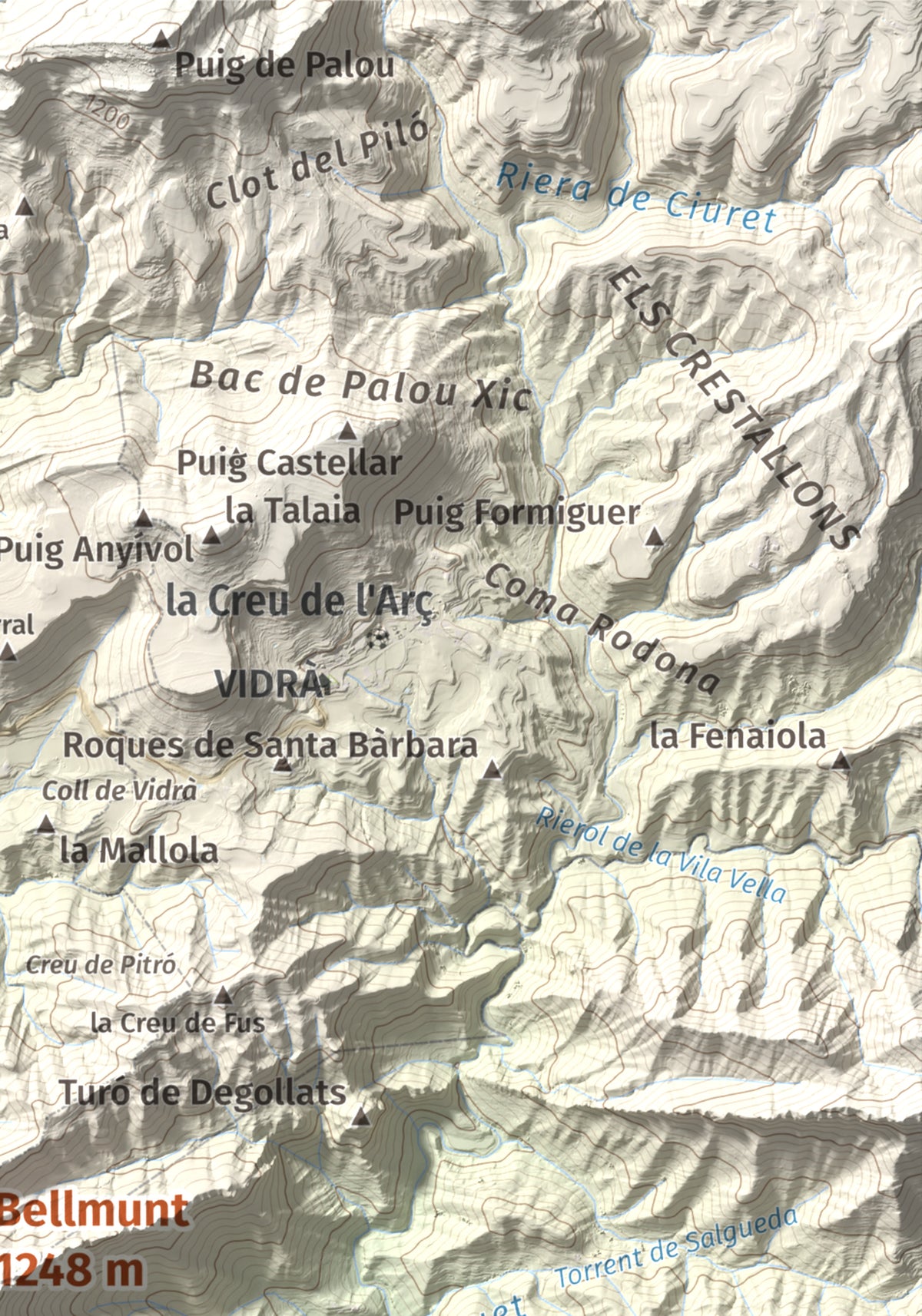 Mapa de relieve de Bellmunt, 1248 m, Osona, lámina 100 Cims de Trobart. Detalle de la zona superior derecha. 21 × 30 cm.