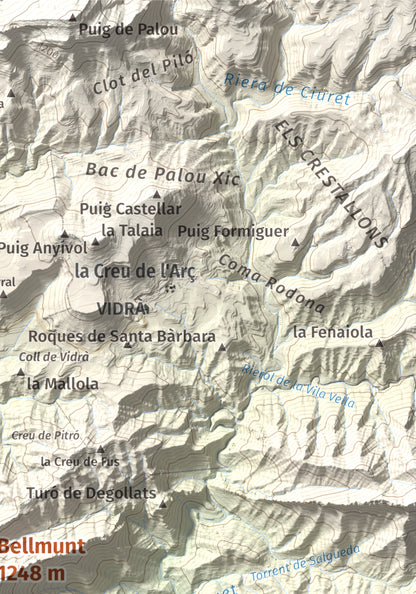 Mapa de relieve de Bellmunt, 1248 m, Osona, lámina 100 Cims de Trobart. Detalle de la zona superior derecha. 21 × 30 cm.