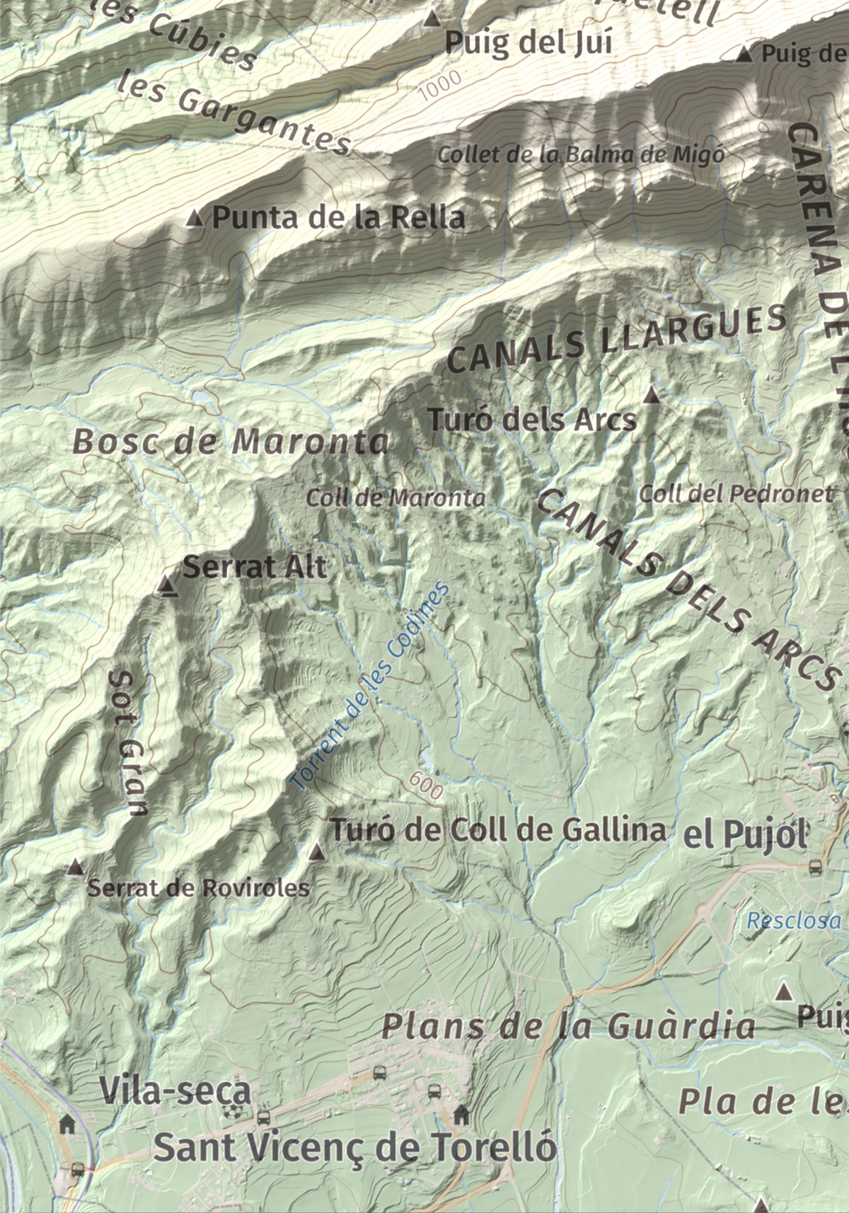 Mapa de relieve de Bellmunt, 1248 m, Osona, lámina 100 Cims de Trobart. Detalle de la zona inferior izquierda. 21 × 30 cm.