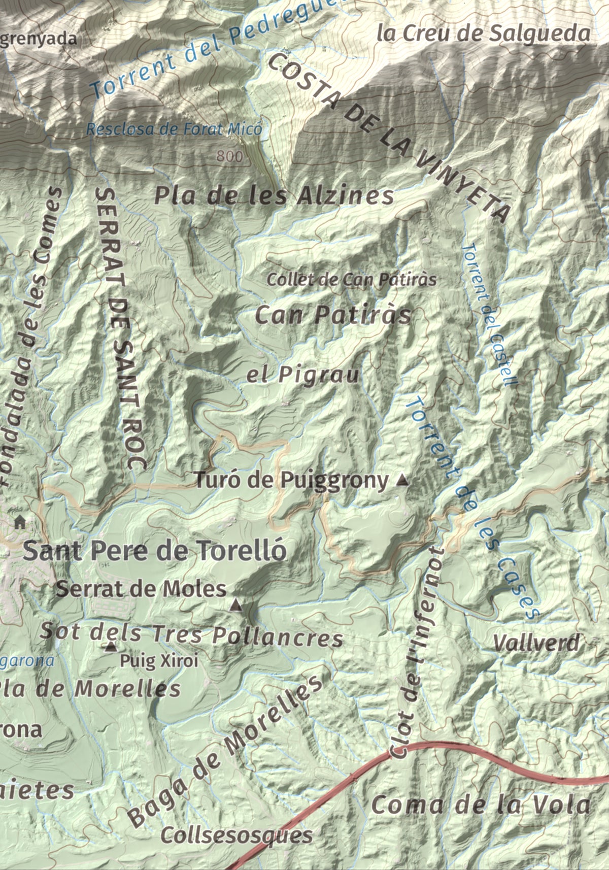 Mapa de relieve de Bellmunt, 1248 m, Osona, lámina 100 Cims de Trobart. Detalle de la zona inferior derecha. 21 × 30 cm.