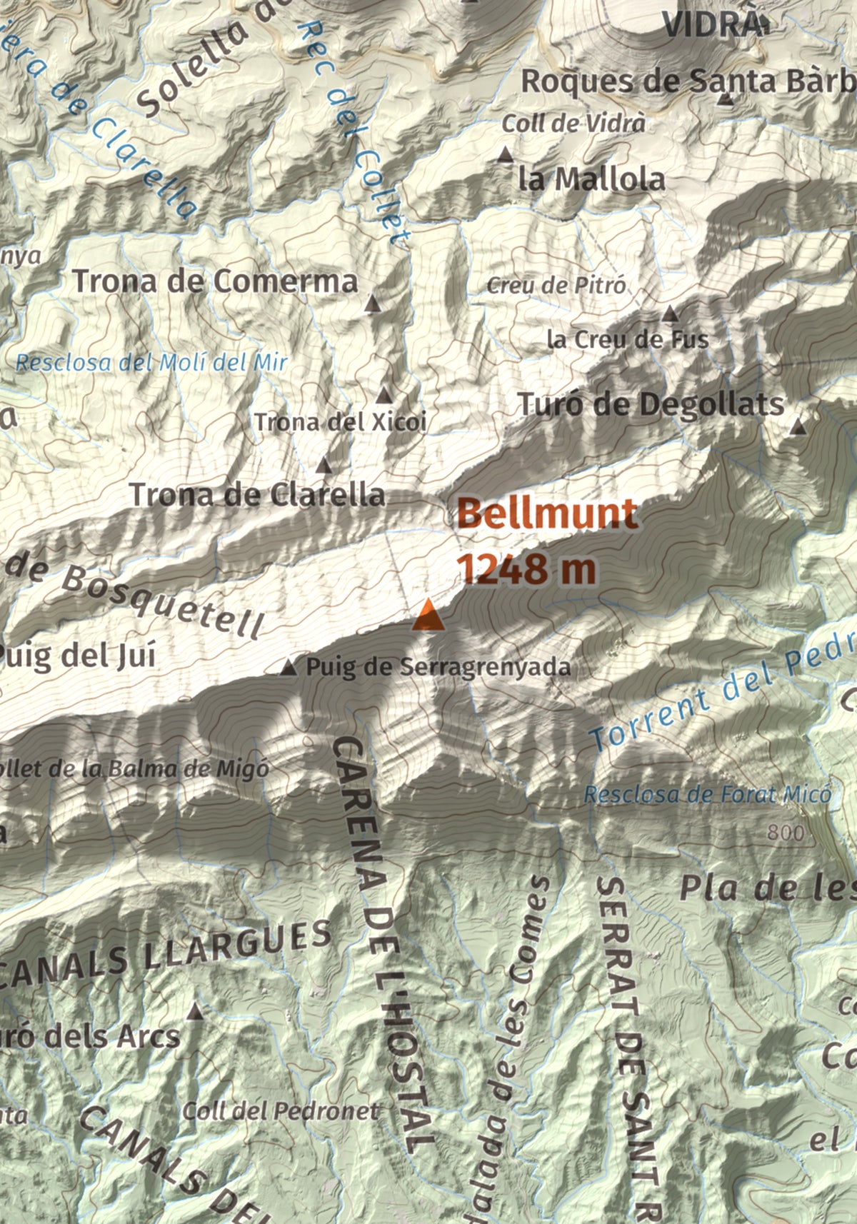 Mapa de relieve de Bellmunt, 1248 m, Osona, lámina 100 Cims de Trobart. Detalle de la zona central. 21 × 30 cm.