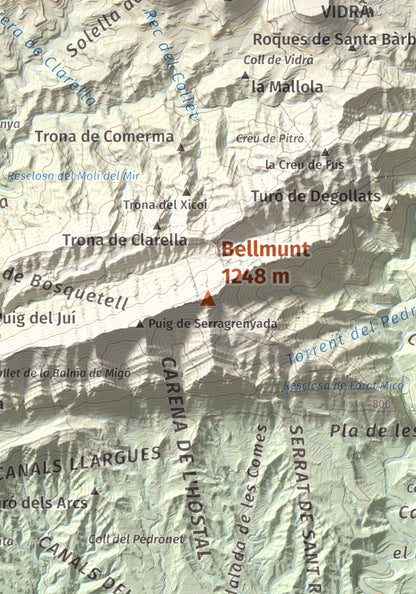 Mapa de relieve de Bellmunt, 1248 m, Osona, lámina 100 Cims de Trobart. Detalle de la zona central. 21 × 30 cm.