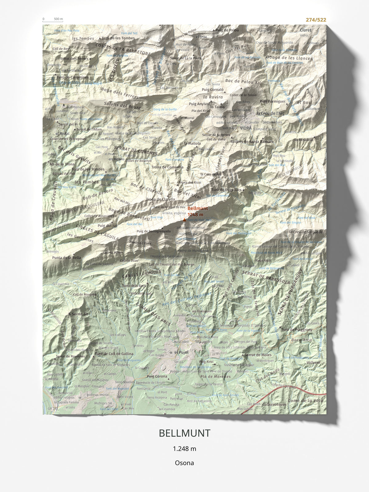 Mapa de relieve de Bellmunt, 1248 m, Osona, lámina 100 Cims de Trobart 30 × 40 cm.
