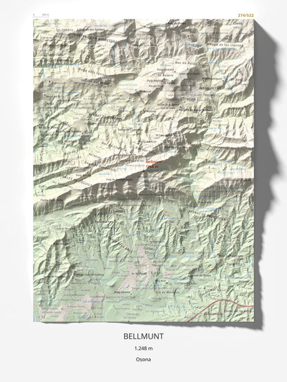Mapa de relieve de Bellmunt, 1248 m, Osona, lámina 100 Cims de Trobart 30 × 40 cm.