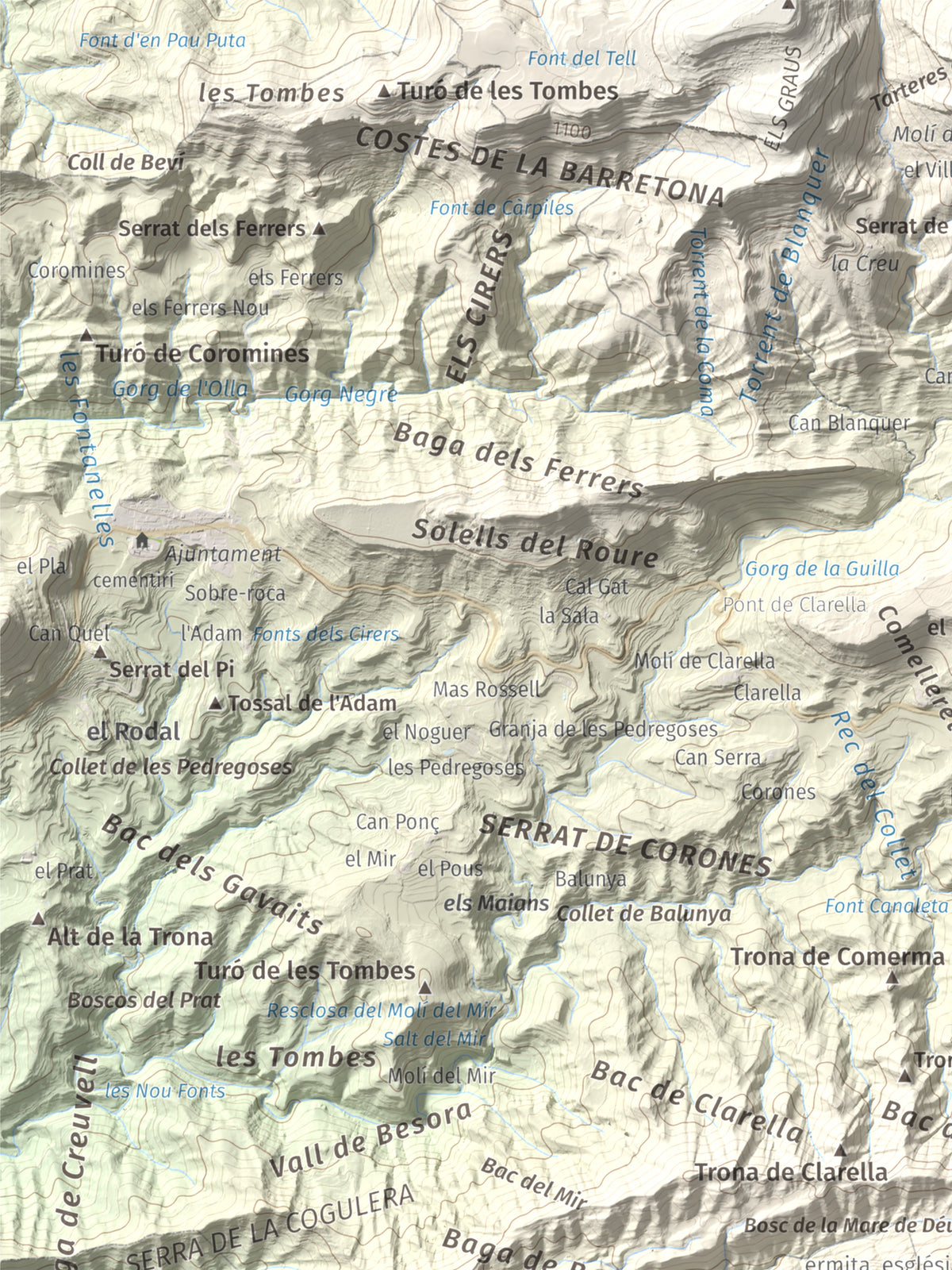 Mapa de relieve de Bellmunt, 1248 m, Osona, lámina 100 Cims de Trobart. Detalle de la zona superior izquierda. 30 × 40 cm.