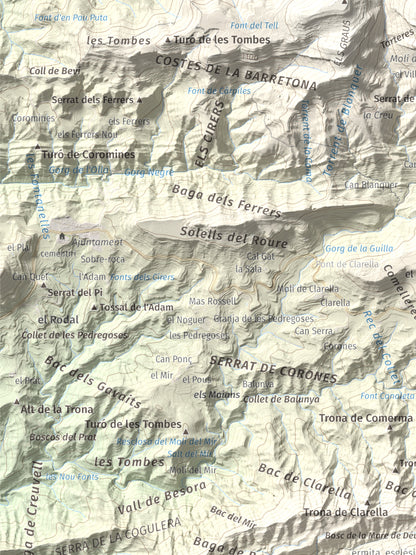 Mapa de relieve de Bellmunt, 1248 m, Osona, lámina 100 Cims de Trobart. Detalle de la zona superior izquierda. 30 × 40 cm.