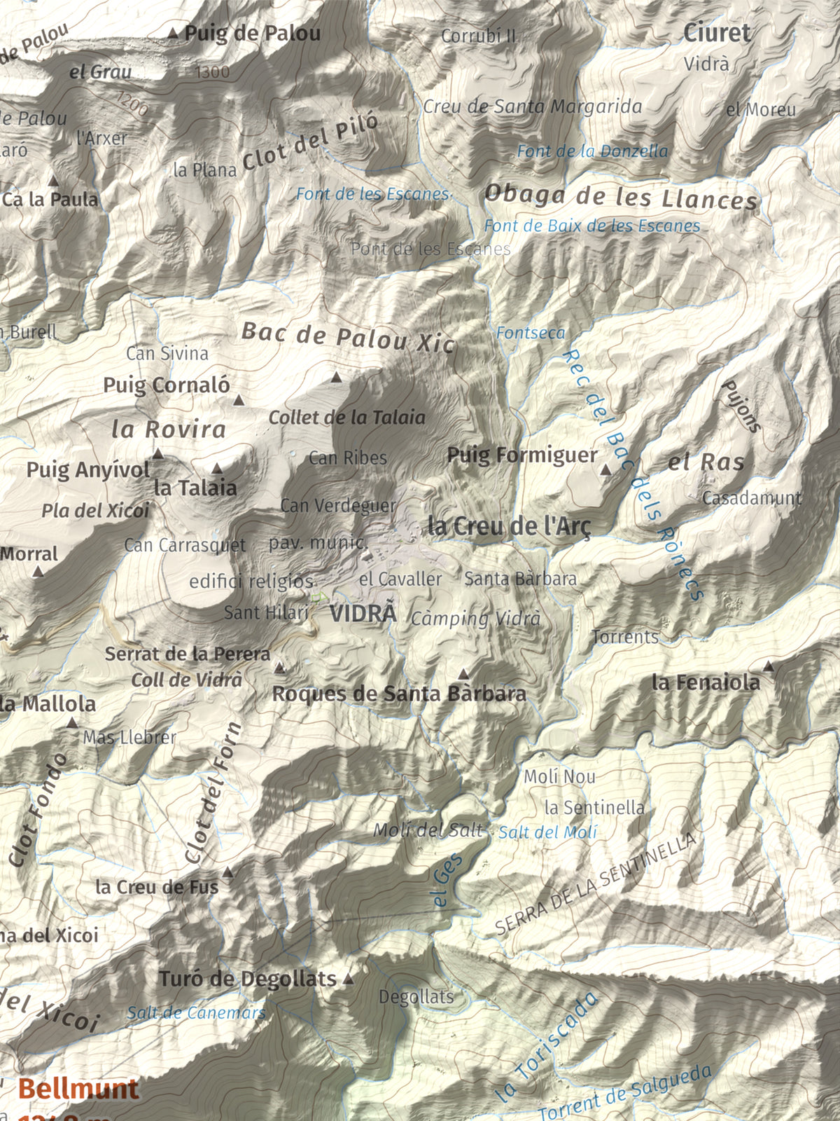 Mapa de relieve de Bellmunt, 1248 m, Osona, lámina 100 Cims de Trobart. Detalle de la zona superior derecha. 30 × 40 cm.