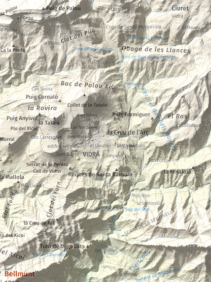 Mapa de relieve de Bellmunt, 1248 m, Osona, lámina 100 Cims de Trobart. Detalle de la zona superior derecha. 30 × 40 cm.