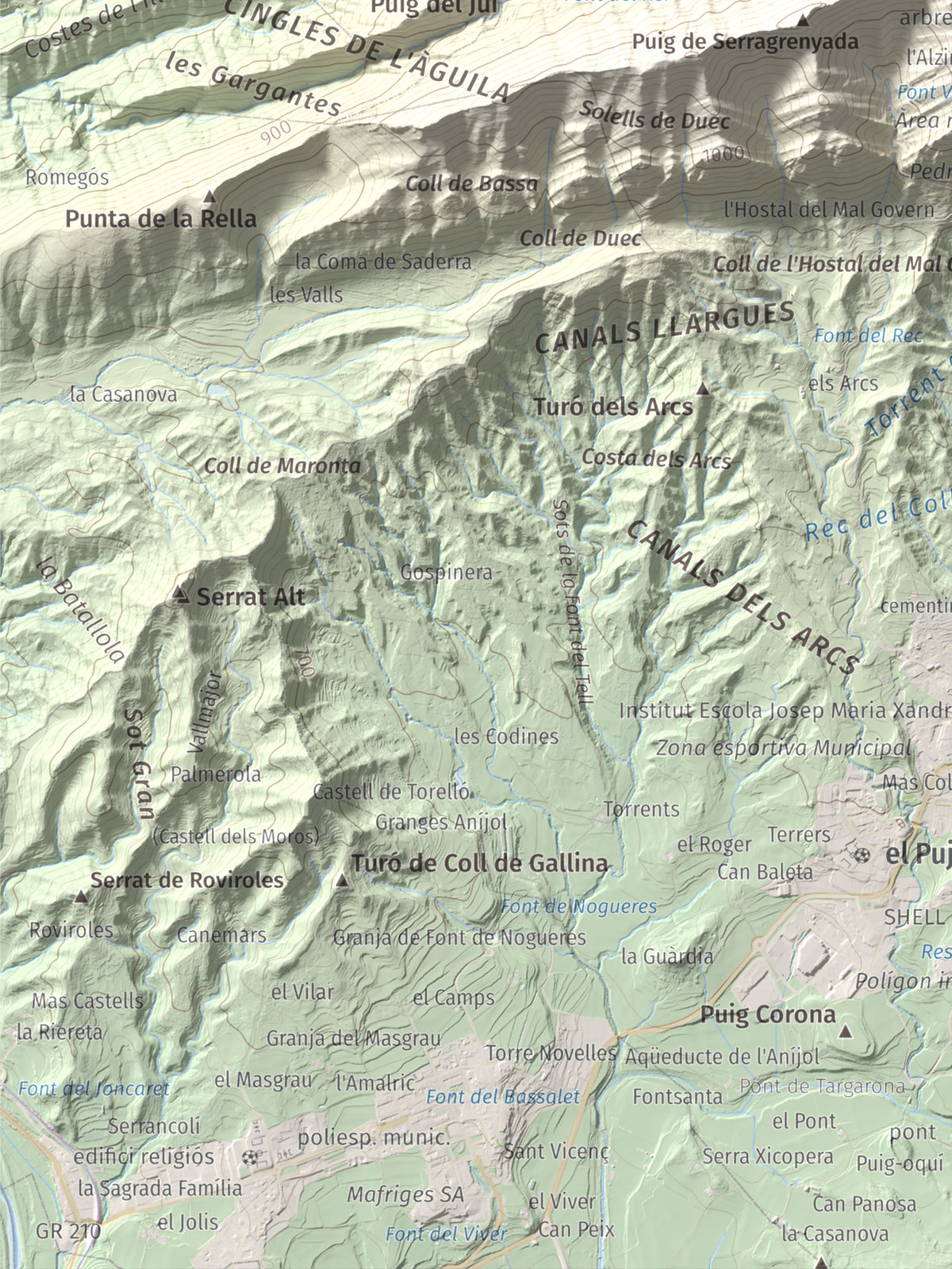 Mapa de relieve de Bellmunt, 1248 m, Osona, lámina 100 Cims de Trobart. Detalle de la zona inferior izquierda. 30 × 40 cm.