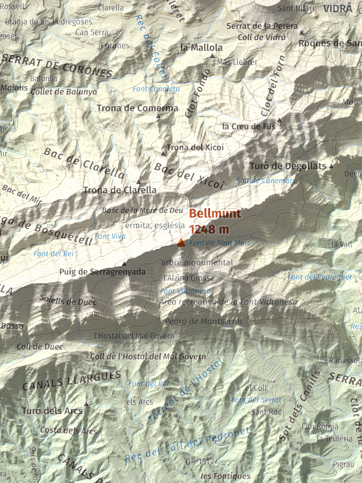 Mapa de relieve de Bellmunt, 1248 m, Osona, lámina 100 Cims de Trobart. Detalle de la zona central. 30 × 40 cm.