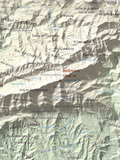 Mapa de relieve de Bellmunt, 1248 m, Osona, lámina 100 Cims de Trobart. Detalle de la zona central. 30 × 40 cm.