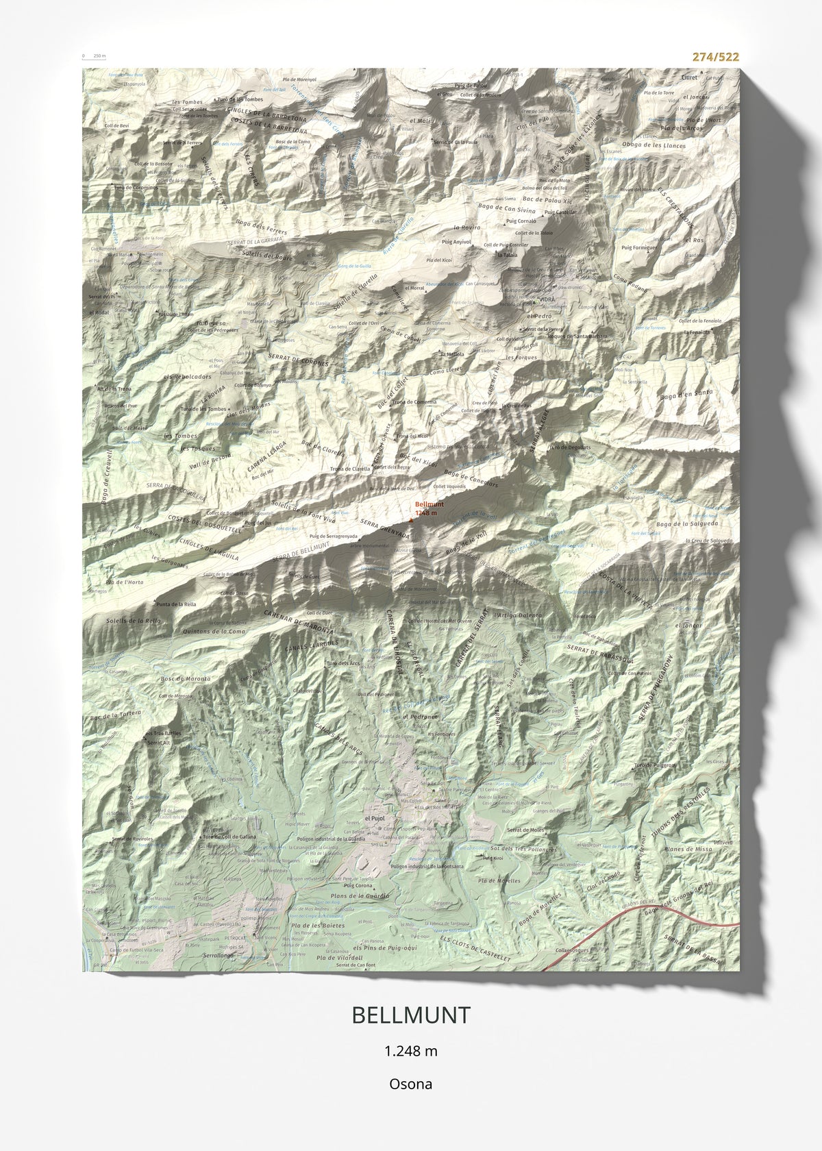 Mapa de relieve de Bellmunt, 1248 m, Osona, lámina 100 Cims de Trobart 50 × 70 cm.