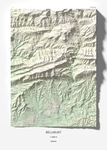Mapa de relieve de Bellmunt, 1248 m, Osona, lámina 100 Cims de Trobart 50 × 70 cm.