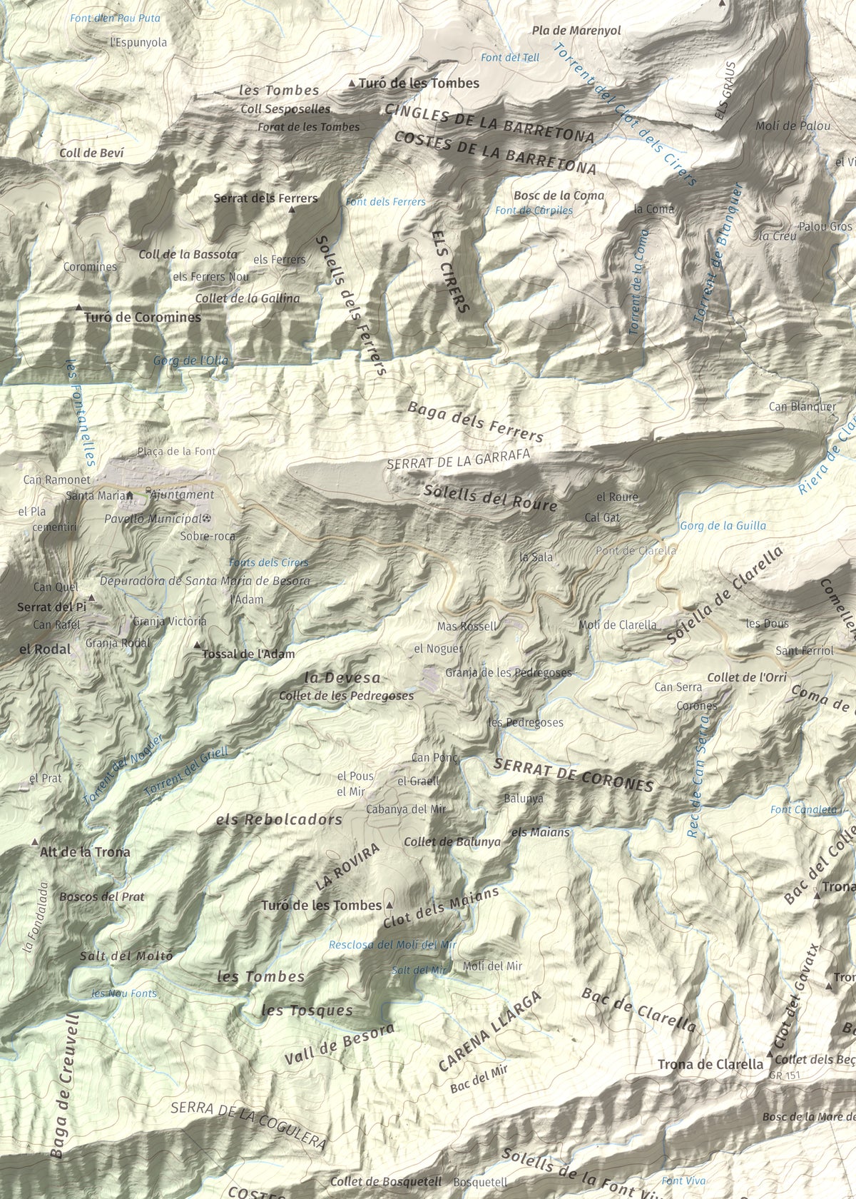 Mapa de relieve de Bellmunt, 1248 m, Osona, lámina 100 Cims de Trobart. Detalle de la zona superior izquierda. 50 × 70 cm.