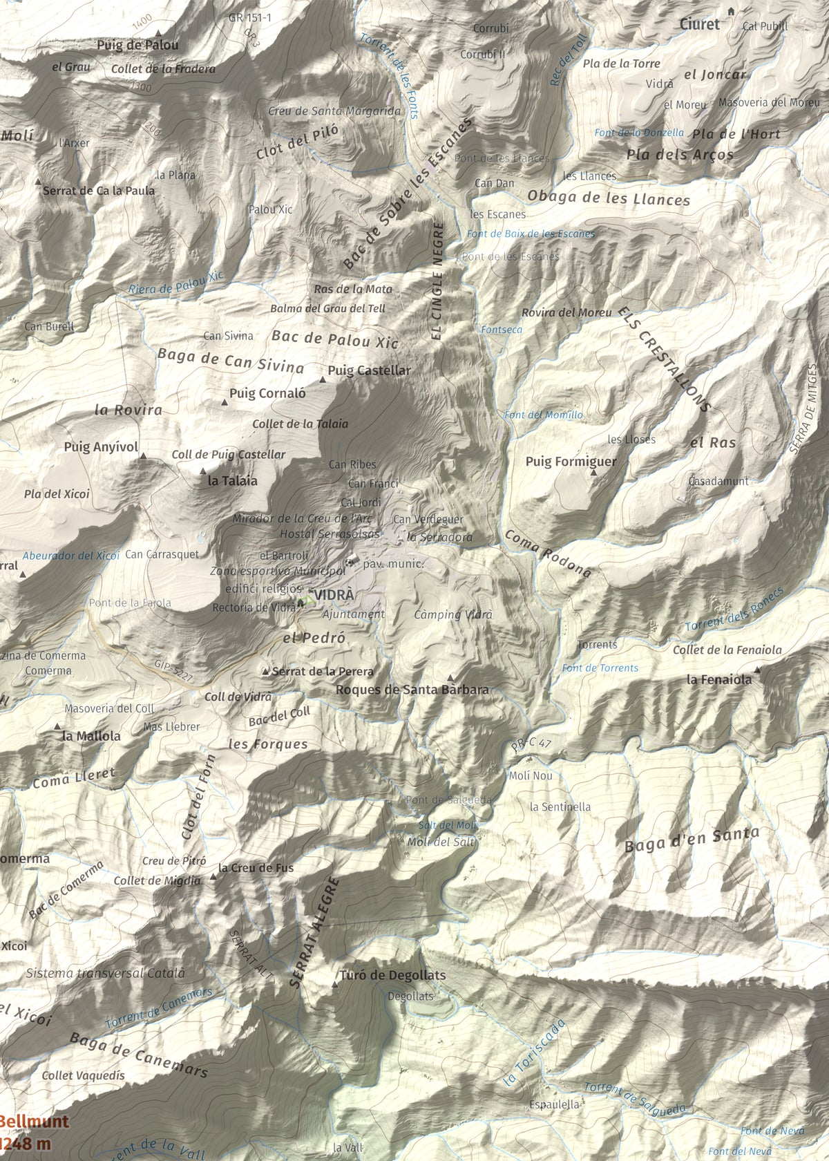 Mapa de relieve de Bellmunt, 1248 m, Osona, lámina 100 Cims de Trobart. Detalle de la zona superior derecha. 50 × 70 cm.