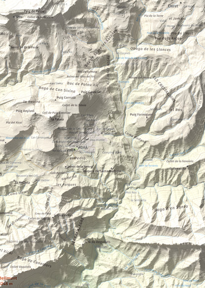 Mapa de relieve de Bellmunt, 1248 m, Osona, lámina 100 Cims de Trobart. Detalle de la zona superior derecha. 50 × 70 cm.