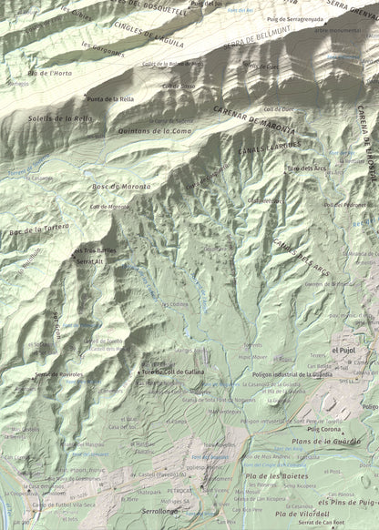 Mapa de relieve de Bellmunt, 1248 m, Osona, lámina 100 Cims de Trobart. Detalle de la zona inferior izquierda. 50 × 70 cm.