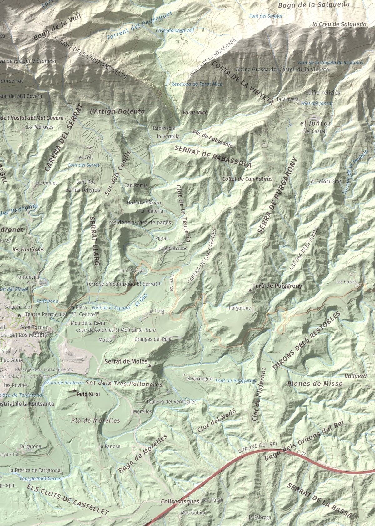 Mapa de relieve de Bellmunt, 1248 m, Osona, lámina 100 Cims de Trobart. Detalle de la zona inferior derecha. 50 × 70 cm.