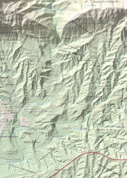 Mapa de relieve de Bellmunt, 1248 m, Osona, lámina 100 Cims de Trobart. Detalle de la zona inferior derecha. 50 × 70 cm.