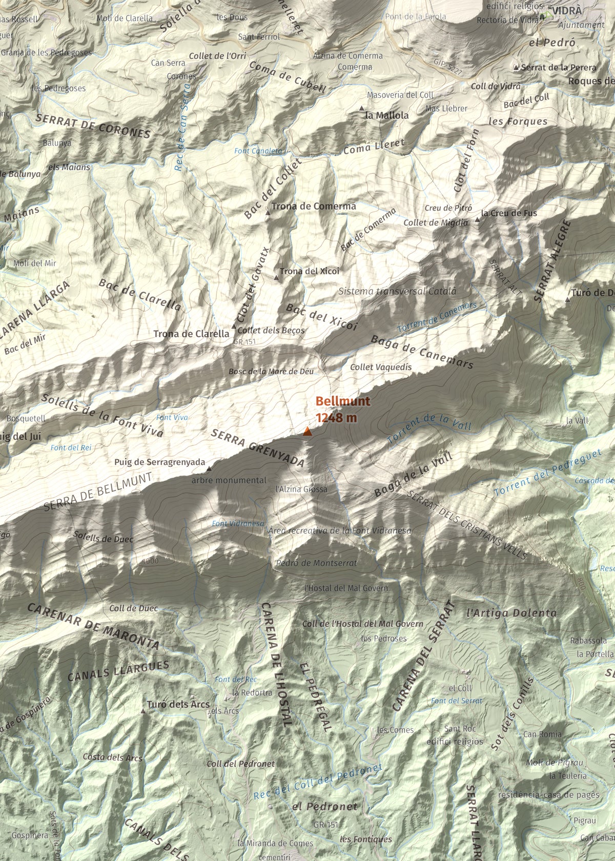 Mapa de relieve de Bellmunt, 1248 m, Osona, lámina 100 Cims de Trobart. Detalle de la zona central. 50 × 70 cm.