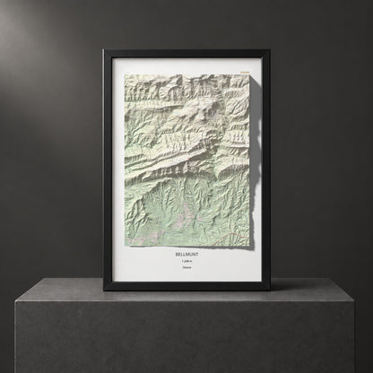 Mapa de relieve de Bellmunt, 1248 m, Osona, lámina 100 Cims de Trobart. Presentación enmarcada. 61 × 91 cm.