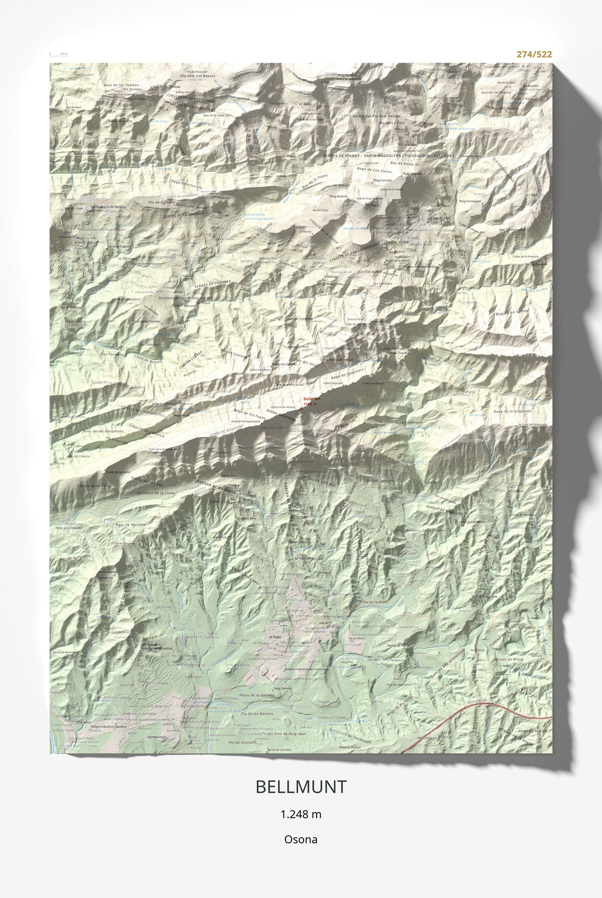 Mapa de relieve de Bellmunt, 1248 m, Osona, lámina 100 Cims de Trobart 61 × 91 cm.